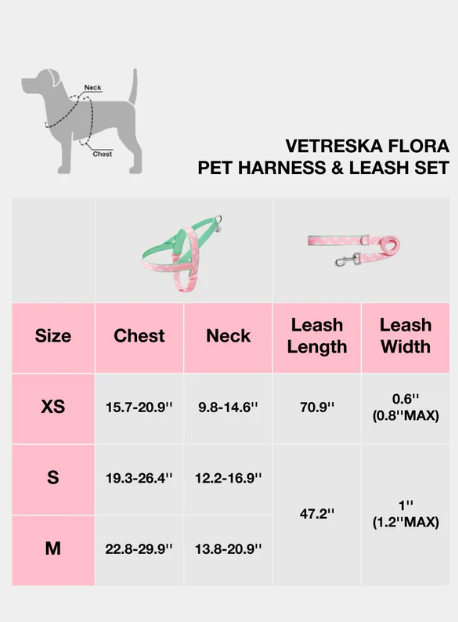 Pet Harness & Leash Set – Flora Print, Lightweight, XS–M